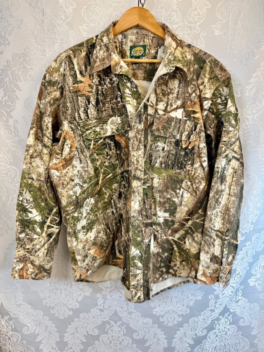 Cabela's Camo Shirt Woodlands Zonz Cotton Blend Long Sleeve Button Men's Size XL